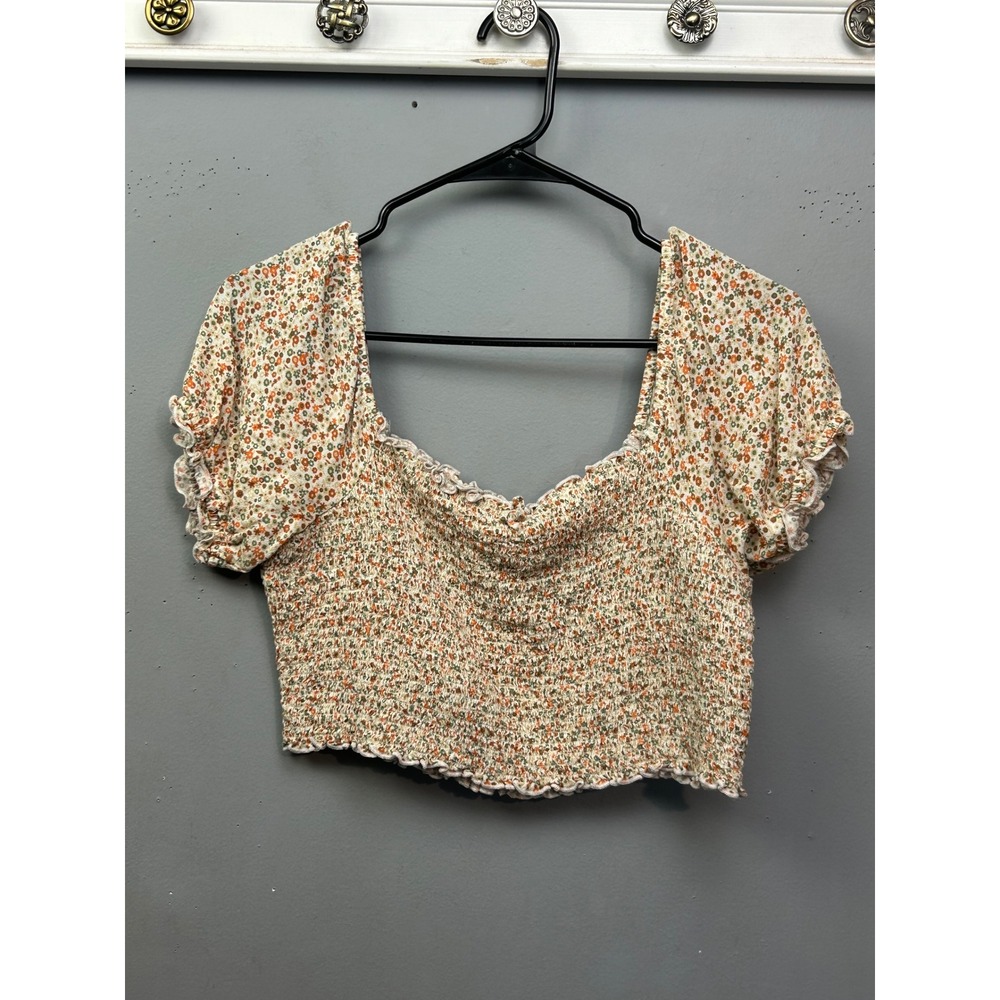 Aerie Smocked Floral Crop Top Puff Sleeve Lettuce Hem Off Shoulder M